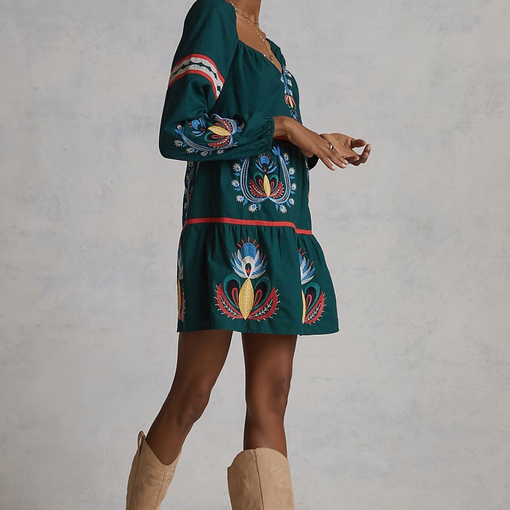 Anthropologie Let Me Be Embroidered Tunic Dress Boho Bohemian Size L - Picture 3 of 4